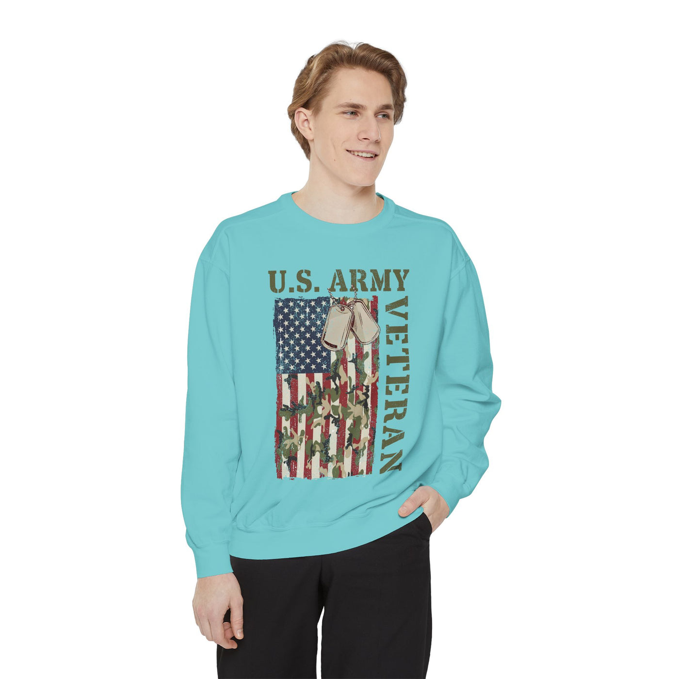 US Army Veteran Sweatshirt, American Flag Camo Crewneck, Military Dog Tag Pullover, Patriotic Soldier Gift, Retirement or Veterans Day Top