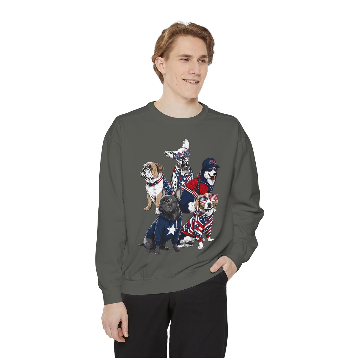 Patriotic Dog Lover Comfort Sweatshirt, USA Dogs Crewneck Sweatshirt, Fourth of July Pet Lover Gift, American Flag Puppy Sweatshirt