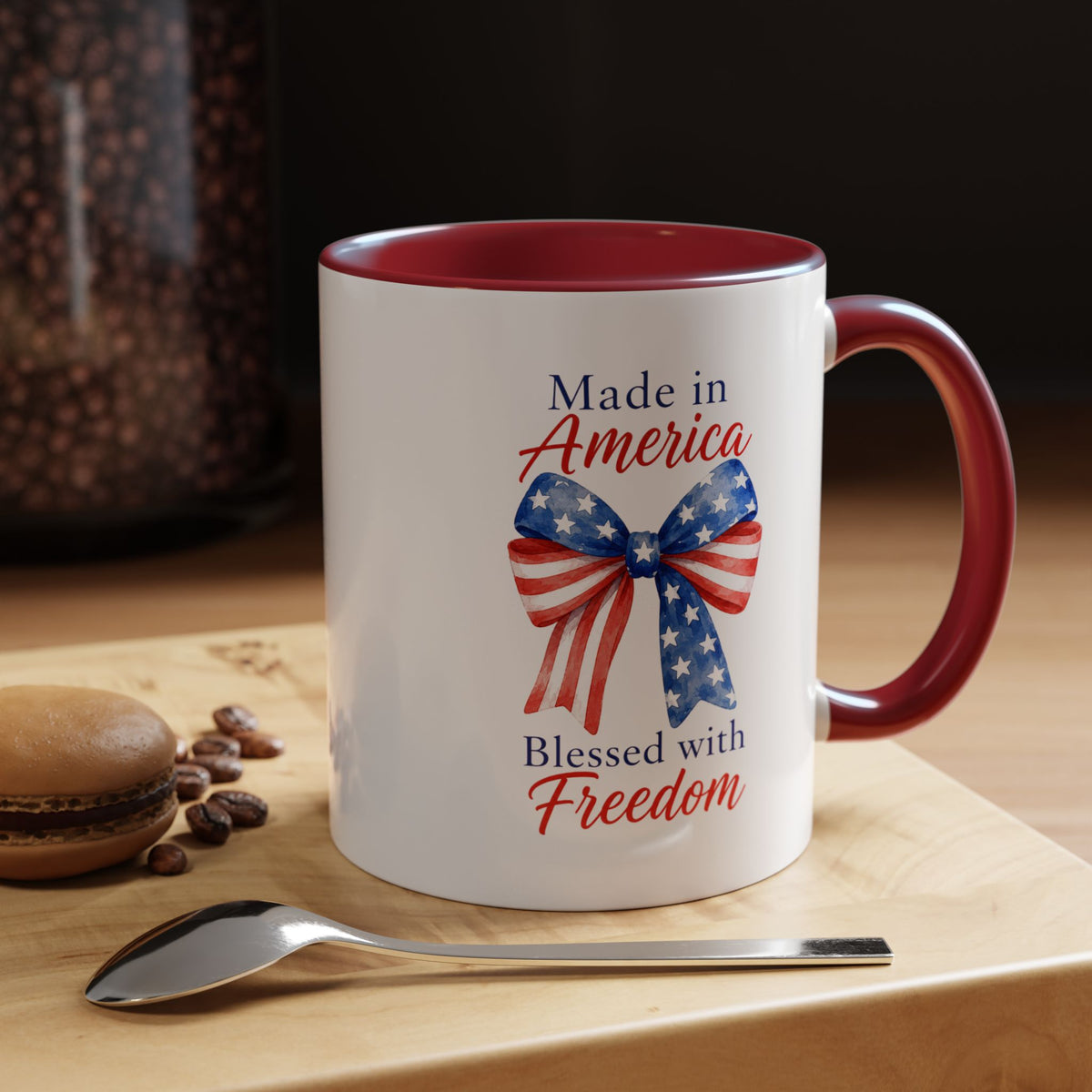 Made in America Blessed with Freedom Mug, Patriotic American Flag Bow Coffee Mug, USA Pride Gift for Women, Fourth of July Cup
