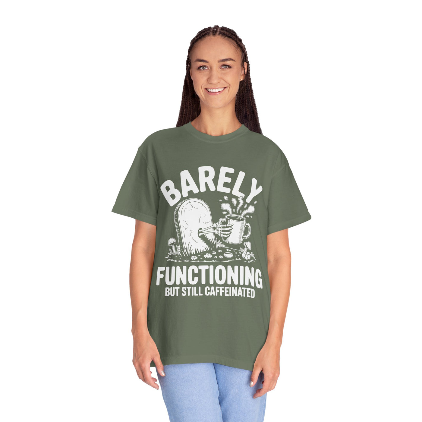 Funny Coffee Lover Comfort Colors Shirt, Barely Functioning But Still Caffeinated Tee, Gothic Humor Graphic Shirt, Espresso Addict Gift