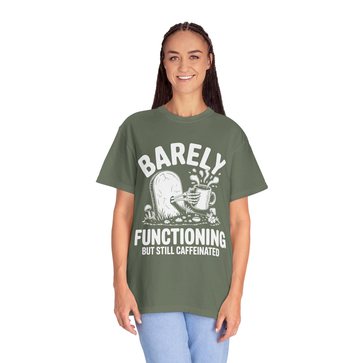 Funny Coffee Lover Comfort Colors Shirt, Barely Functioning But Still Caffeinated Tee, Gothic Humor Graphic Shirt, Espresso Addict Gift