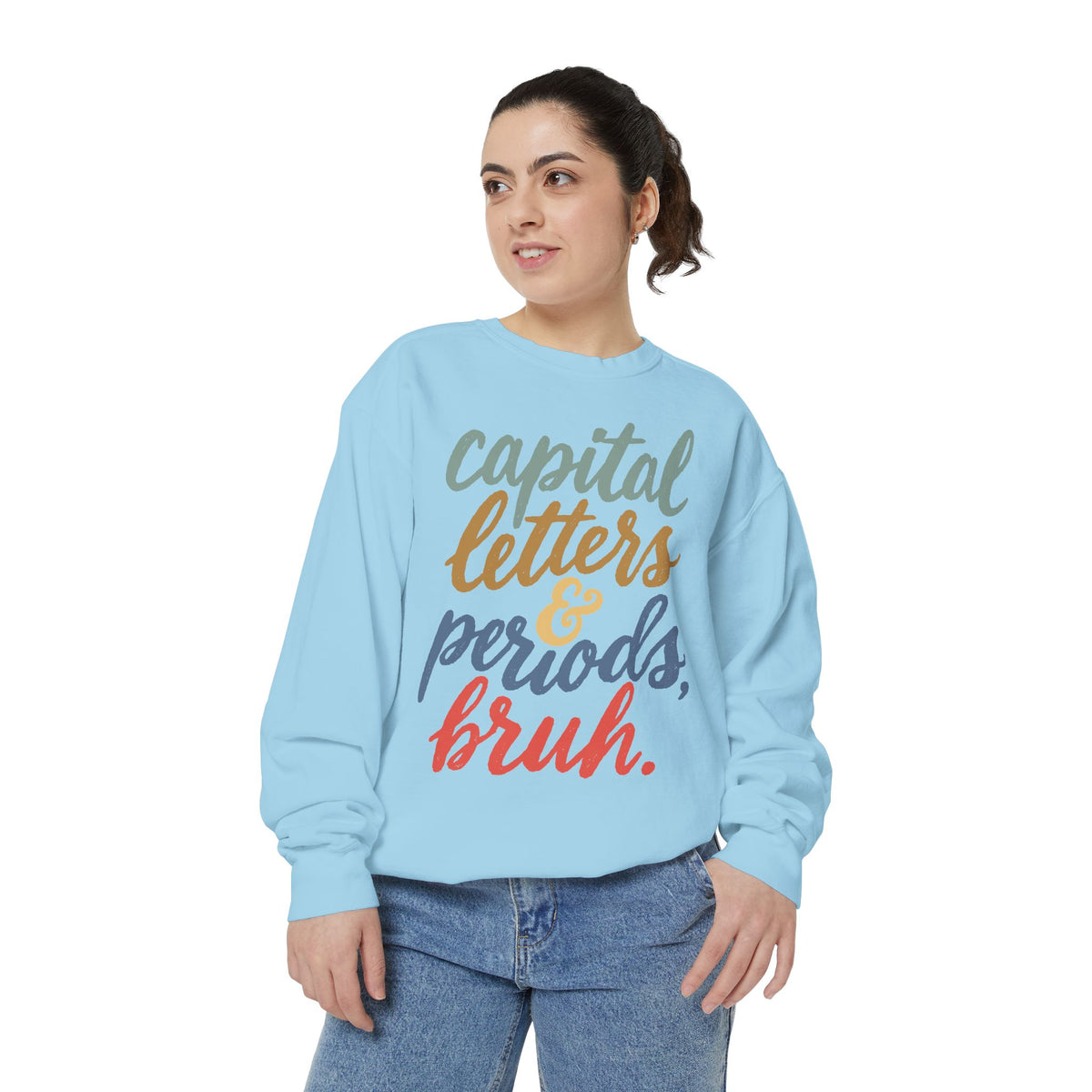 Capital Letters and Periods Bruh Sweatshirt, Funny Grammar Teacher Crewneck, English ELA Educator Gift, Back to School Pullover for Women