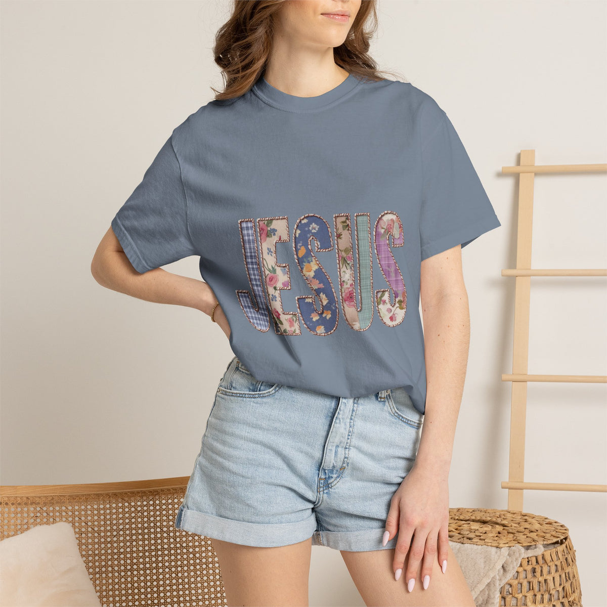 Jesus Patchwork Graphic Tee, Floral Christian Shirt, Cute Faith Based T Shirt, Vintage Coquette Religious Shirt