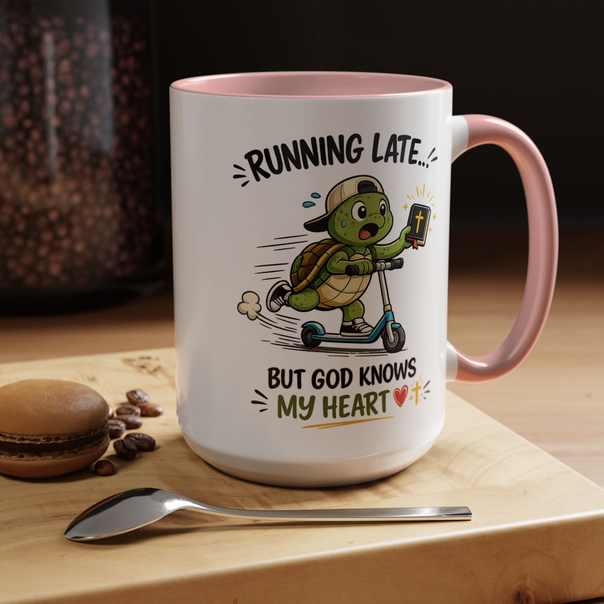 Christian Turtle Coffee Mug, Running Late But God Knows My Heart Mug, Funny Faith Based Mug, Christian Gift for Friends, Bible Lover Cup