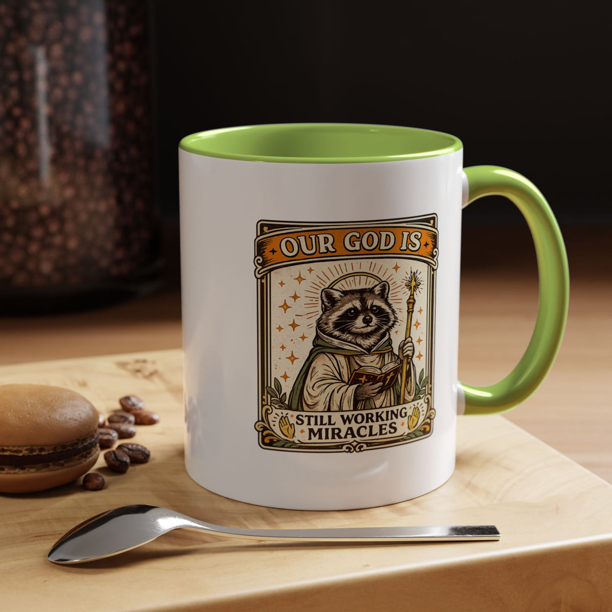 Our God Is Still Working Miracles Coffee Mug, Funny Raccoon Christian Gift for Friends, Cute Religious Parody Trash Panda Ceramic Tea Cup with Black Handle