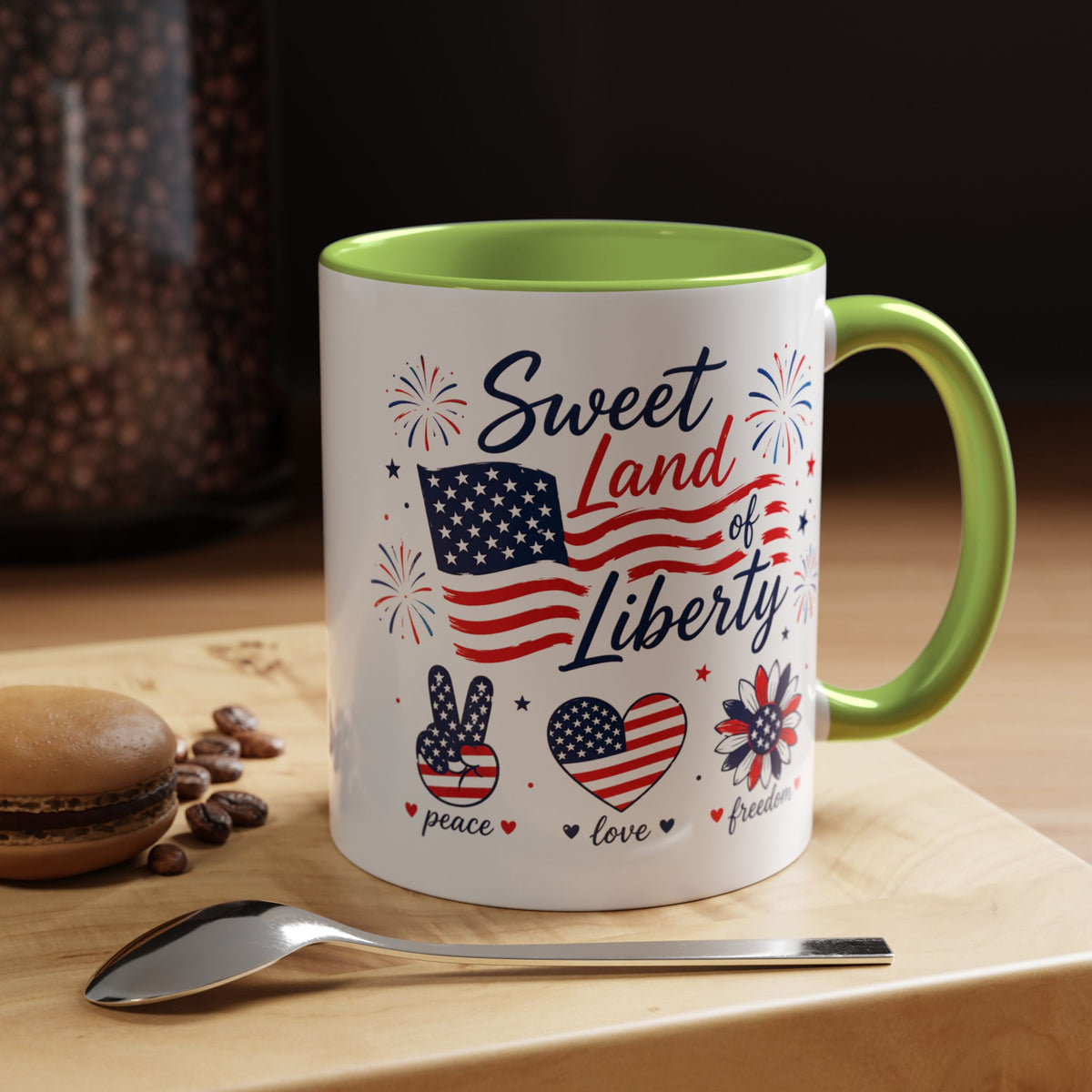 Sweet Land of Liberty Coffee Mug, Patriotic Fourth of July Mug, American Flag Heart Freedom Cup, USA Pride Gift for Women