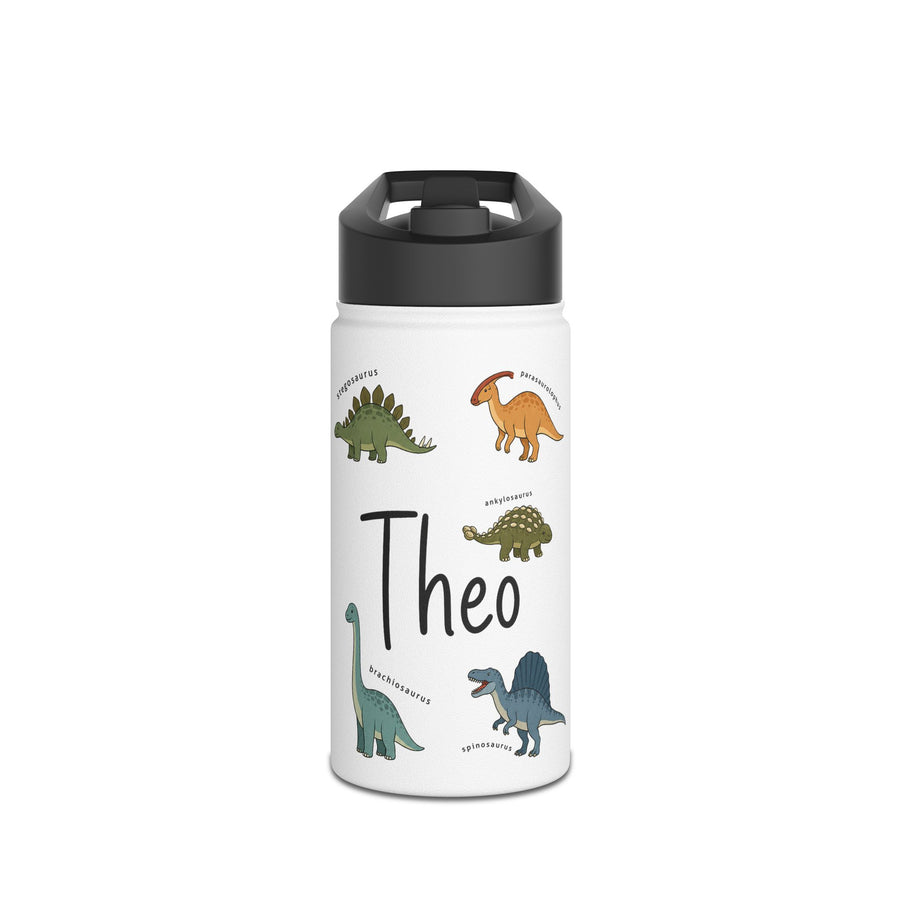 White water bottle with a black lid, printed with the name Theo in black handwriting surrounded by five cartoon dinosaurs, each one labelled underneath with its own species name.