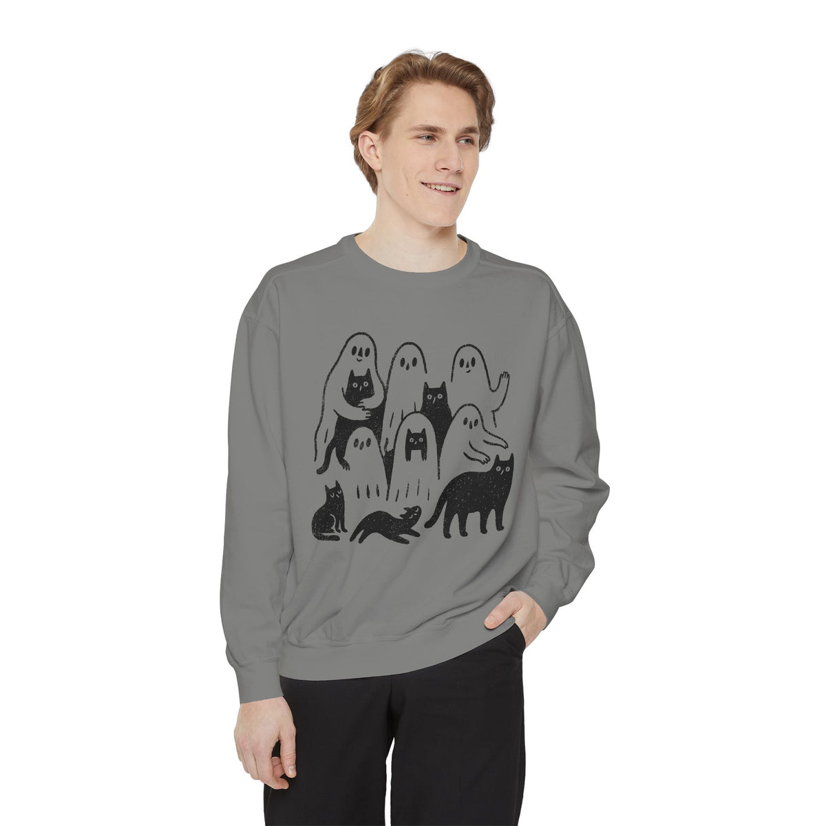 Ghost Cat Halloween Sweatshirt, Cute Spooky Cats and Ghosts Pullover, Cozy Pet Lover Gift, Minimal Black and White Fall Outfit for Women