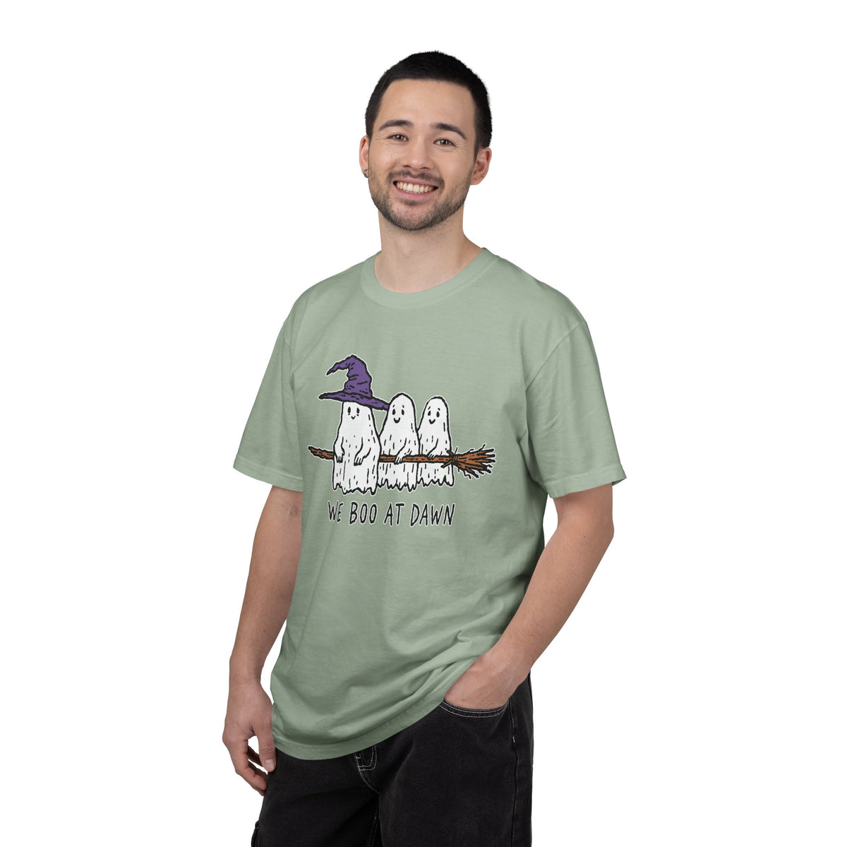 We Boo at Dawn Ghost Shirt, Funny Halloween Witch Broom Graphic Tee, Cute Spooky Season Gift for Friends and Ghost Lovers, October Outfit