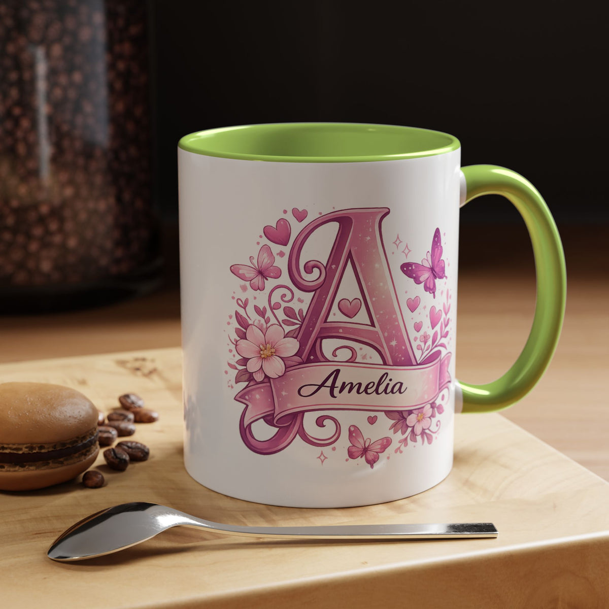 Personalized Butterfly Initial Mug, Custom Name Coffee Mug for Girls and Women, Floral Monogram Cup, Pink Aesthetic Gift, Custom Letter Mug