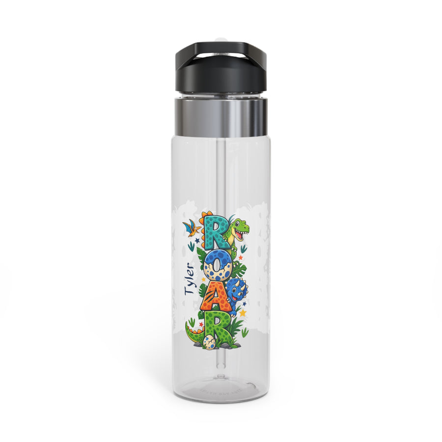 Clear plastic water bottle with a black flip lid and a straw, printed with the word Roar in tall letters made of cartoon dinosaurs, with the name Tyler in black script beside them.