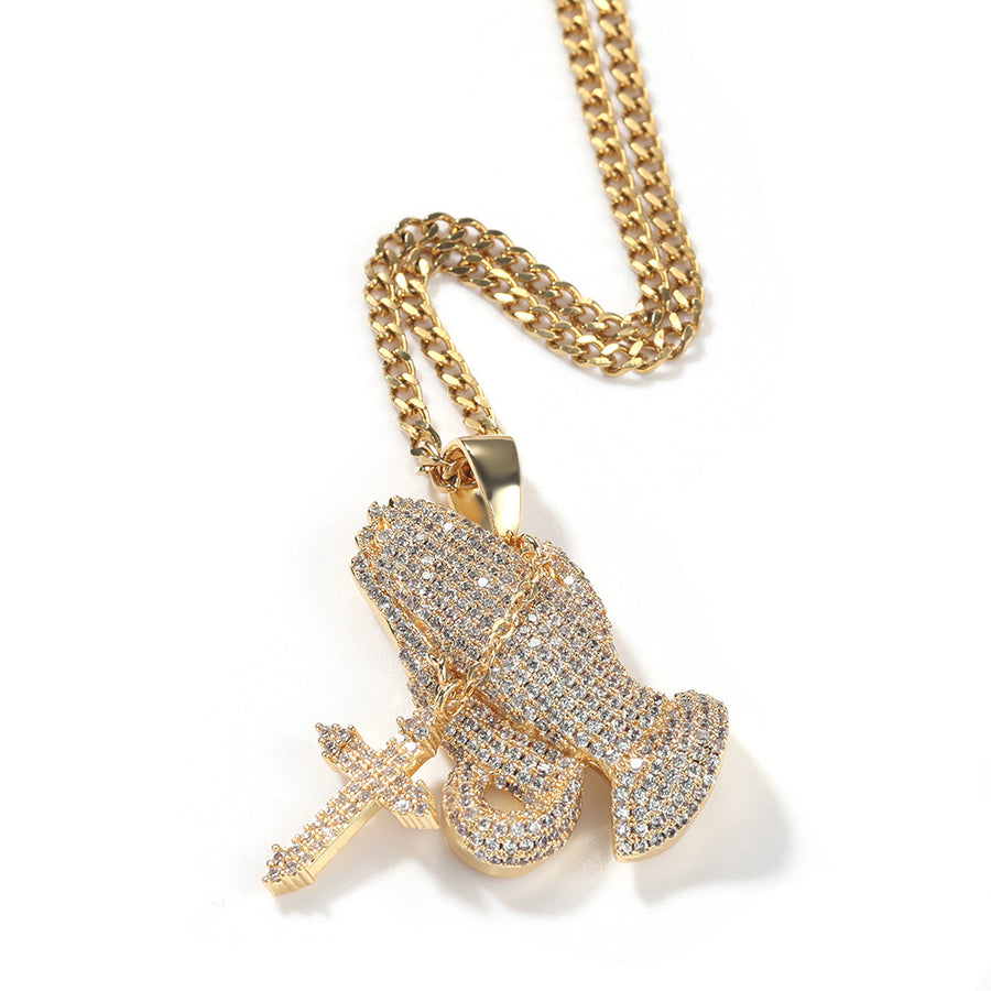 Full diamond hand cross pendant necklace European and American retro hip-hop rap popular accessory