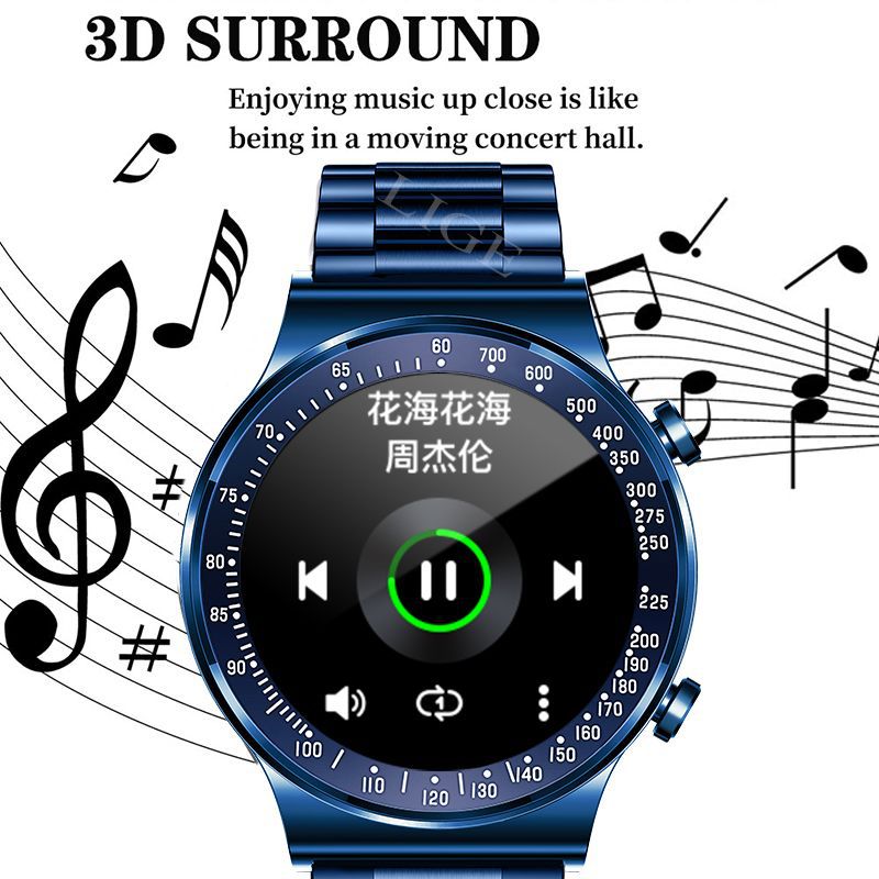 Blue smartwatch with a round face and stainless steel bracelet showing time and date