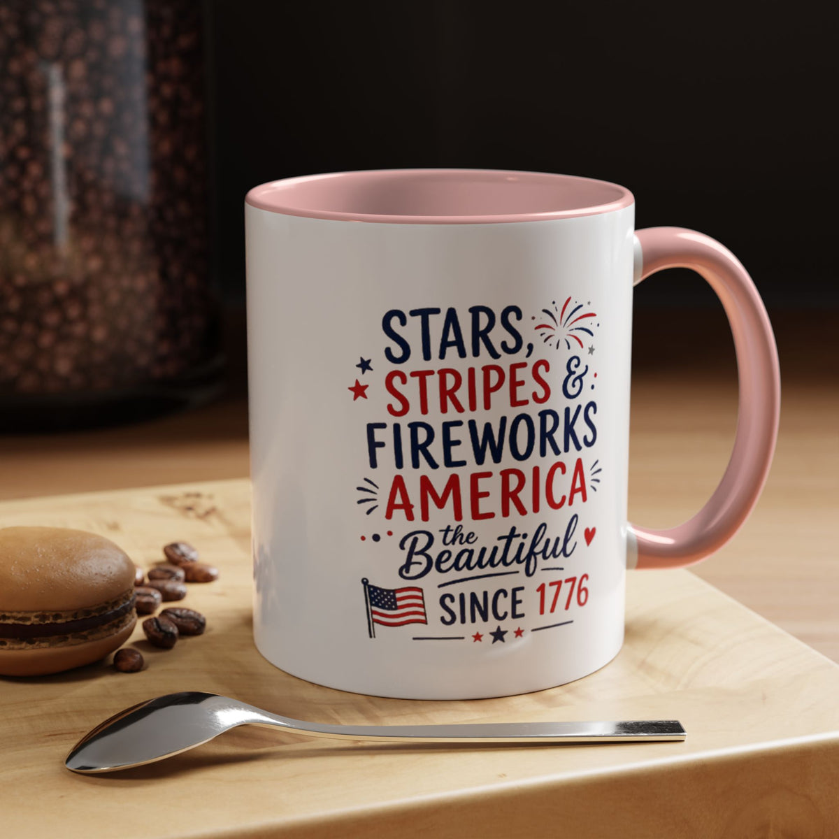 Stars and Stripes Coffee Mug, 4th of July Fireworks Gift for Hostess, America the Beautiful Since 1776 Patriotic Ceramic Tea Cup