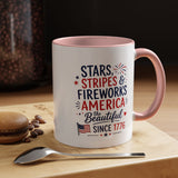 Stars and Stripes Coffee Mug, 4th of July Fireworks Gift for Hostess, America the Beautiful Since 1776 Patriotic Ceramic Tea Cup