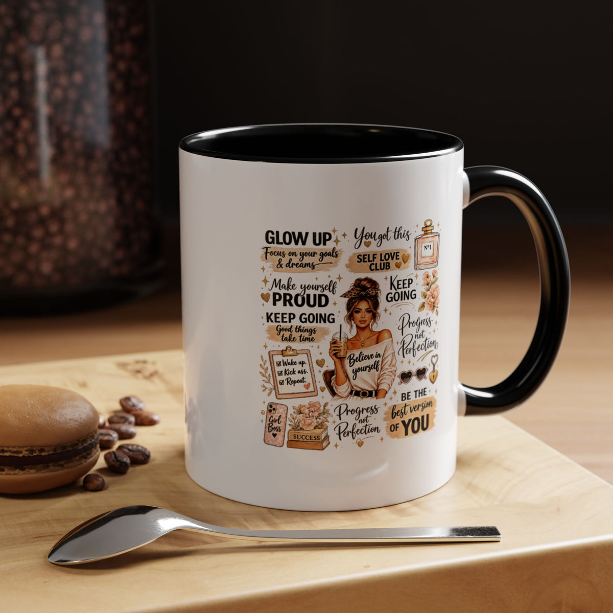 Glow Up Affirmations Coffee Mug, Girl Boss Self Care Gift for Her, Cute Messy Bun Aesthetic Motivational Ceramic Tea Cup with Pink Handle
