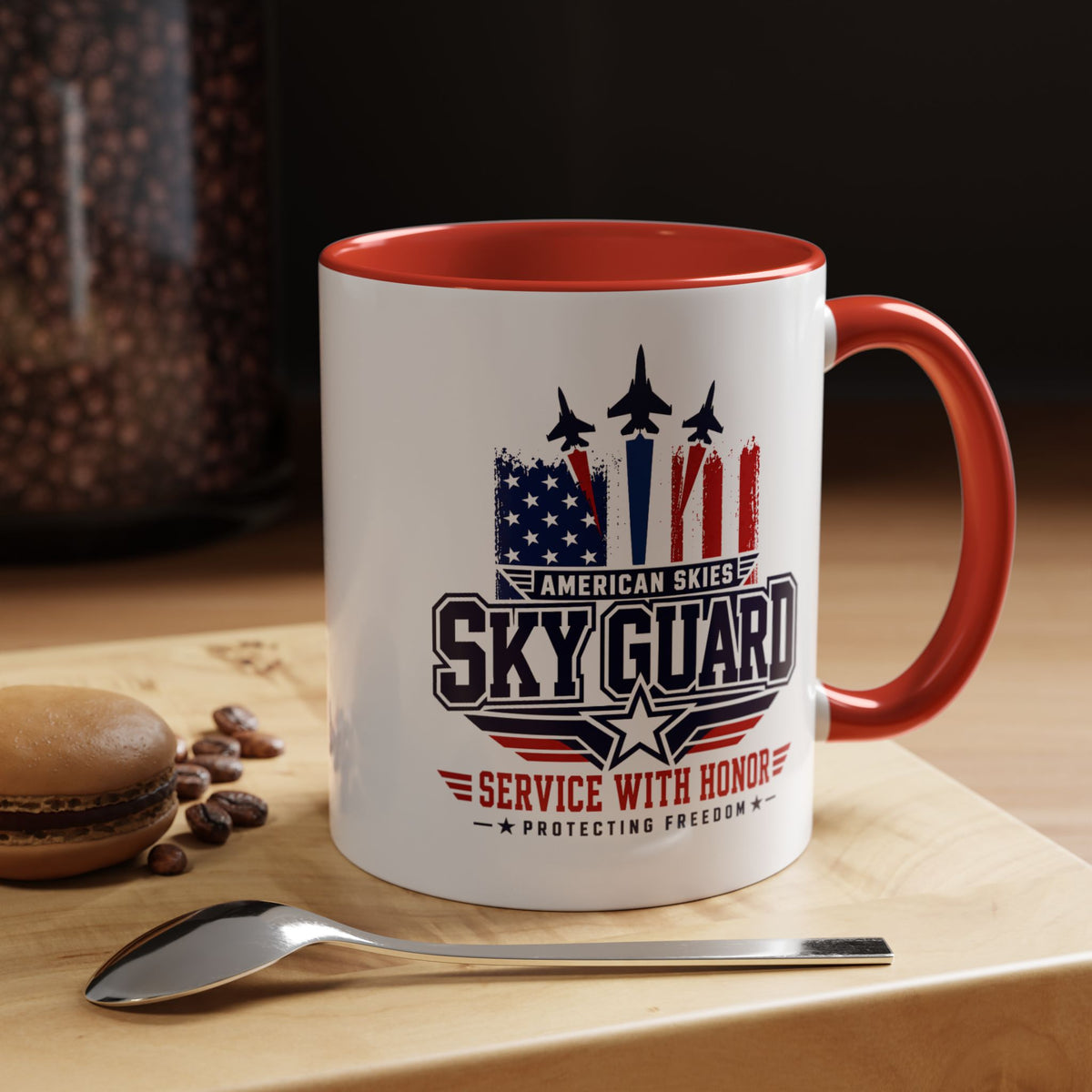 Military Aviation Coffee Mug, American Skies Skyguard Cup, Patriotic Fighter Jet Gift for Pilot, Veteran, Airman or Armed Forces Supporter