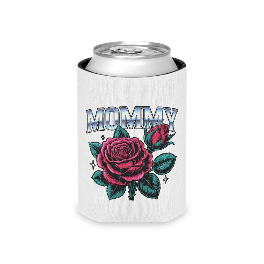 A white can cooler on a drink can, printed with "MOMMY" in chrome-style block lettering above a large pink rose and rosebud with teal leaves and small sparkles.