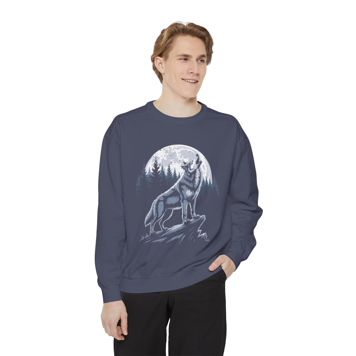 Howling Wolf Moon Sweatshirt, Mountain Forest Crewneck, Wildlife Lover Gift, Rustic Wilderness Graphic Cozy Outdoor Pullover Unisex Top