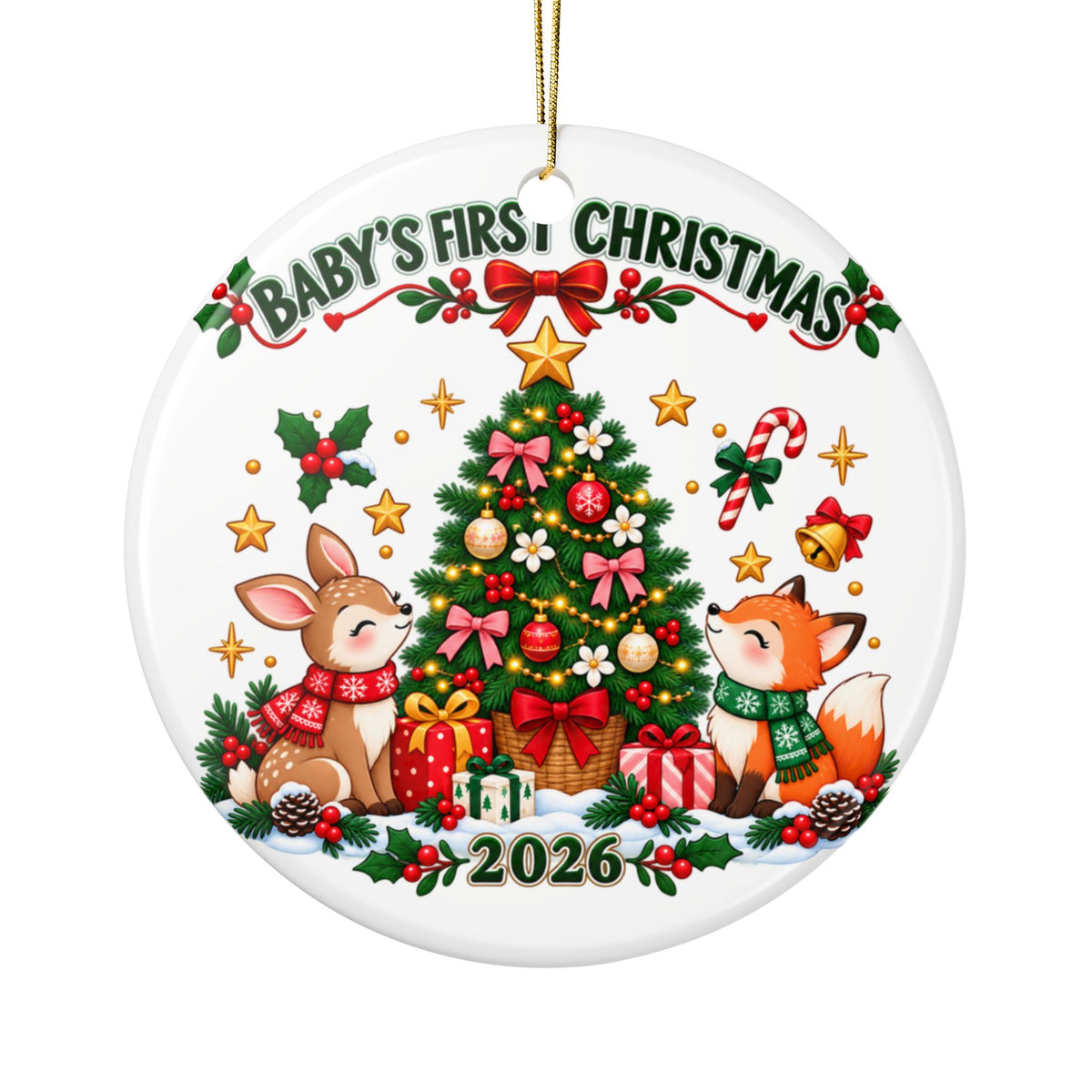 Baby First Christmas Ornament 2026, Woodland Deer and Fox Keepsake with Decorated Tree, Newborn Holiday Gift for Parents and Grandparents