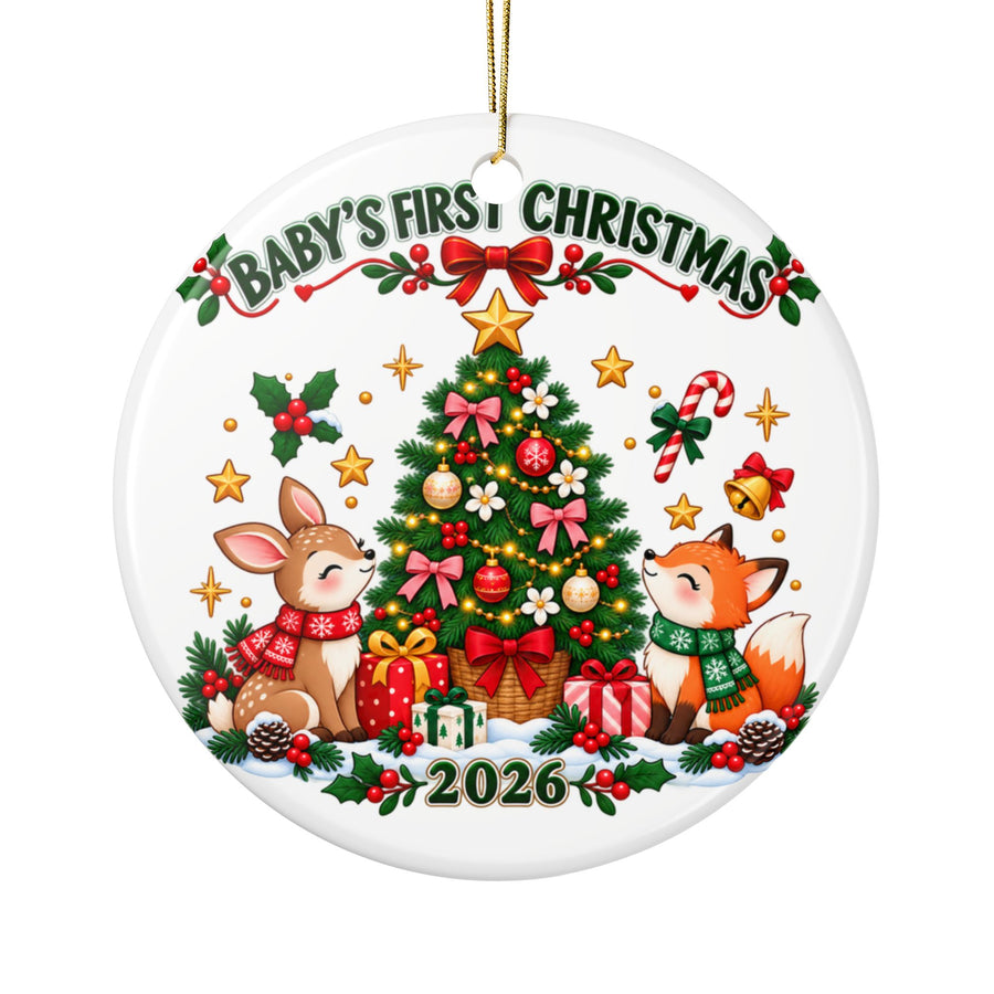 A round white ceramic Christmas ornament on a gold string, printed with "Baby's First Christmas" in green lettering under a red bow and holly garland, a deer and a fox in scarves beside a decorated tree with presents, and "2026".