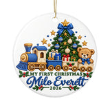 Personalized Baby First Christmas Train Ornament 2026, Blue Locomotive and Teddy Bear, Custom Name Keepsake Gift for New Parents and Baby