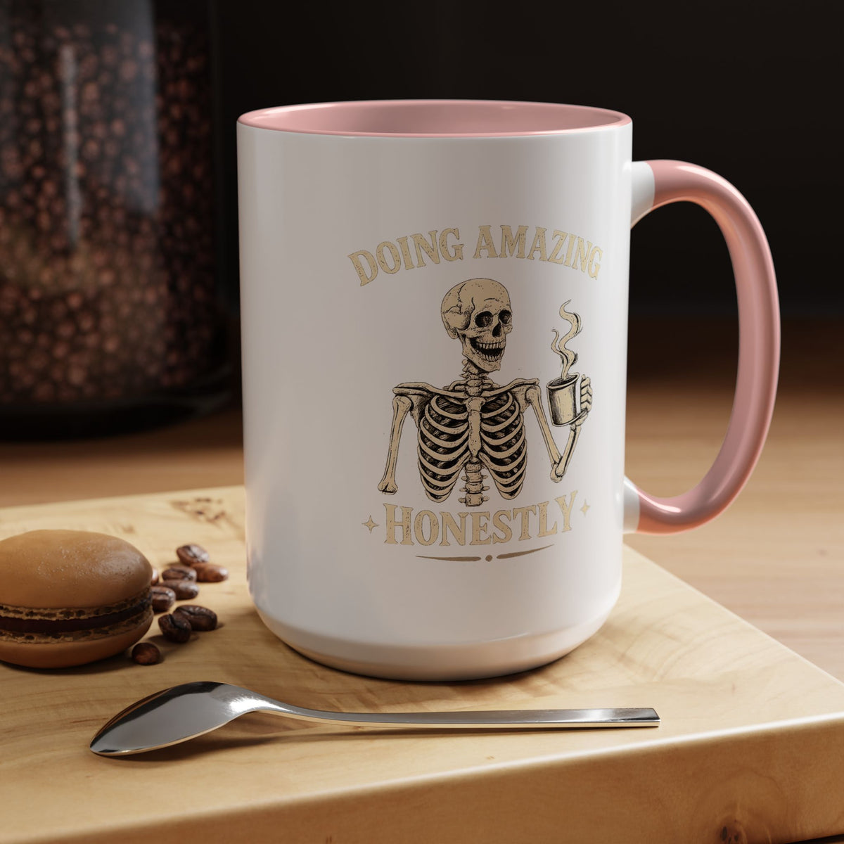 Doing Amazing Honestly Skeleton Coffee Mug, Funny Burnout Gift for Coworker, Sarcastic Office Coffee Cup, Tired but Thriving Mug