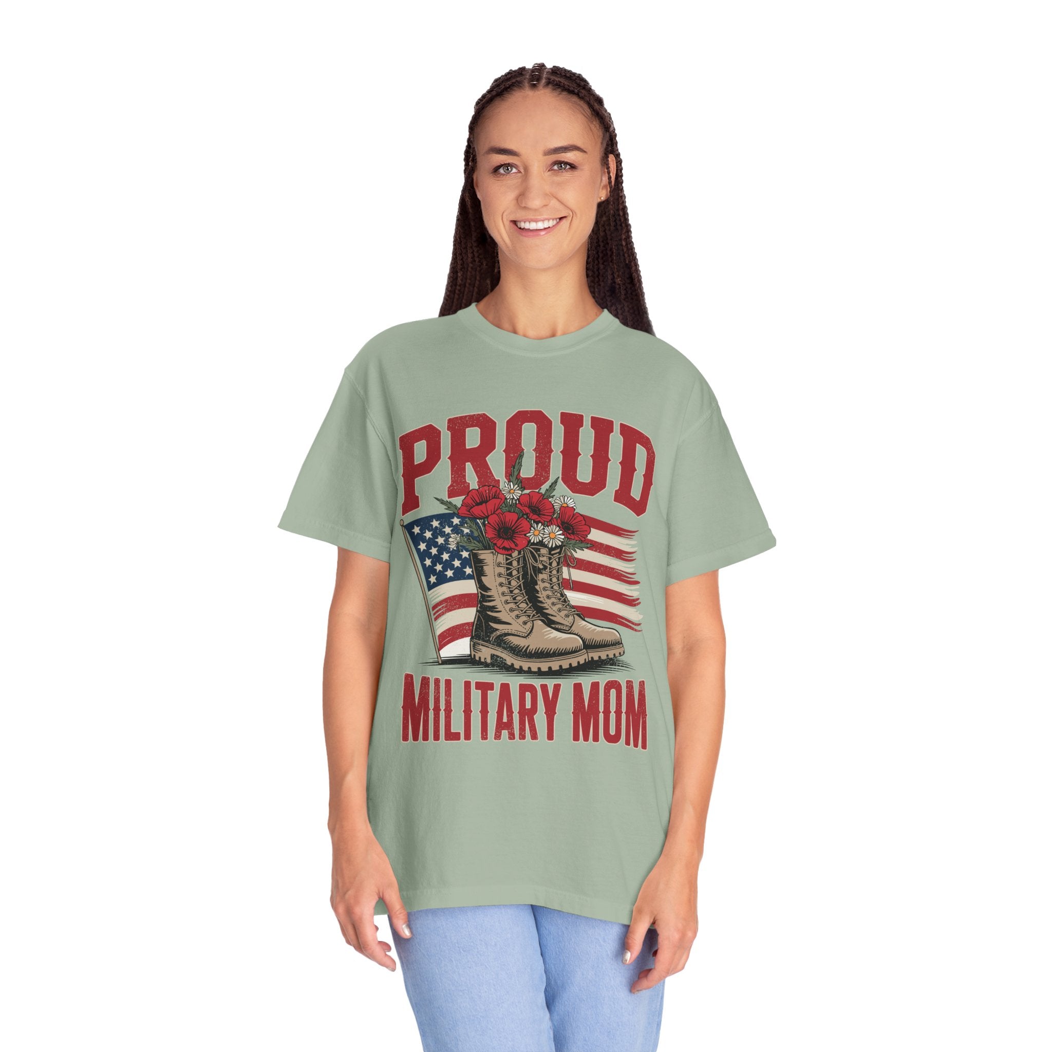 Proud Military Mom Shirt, Patriotic Army Mom T Shirt, Boots and Flowers Graphic Tee, American Flag Family Support Gift