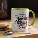 Proud to Be American Coffee Mug with US Flag, Patriotic 4th of July Gift for Veterans, Blessed to Be Free Red White and Blue Tea Cup