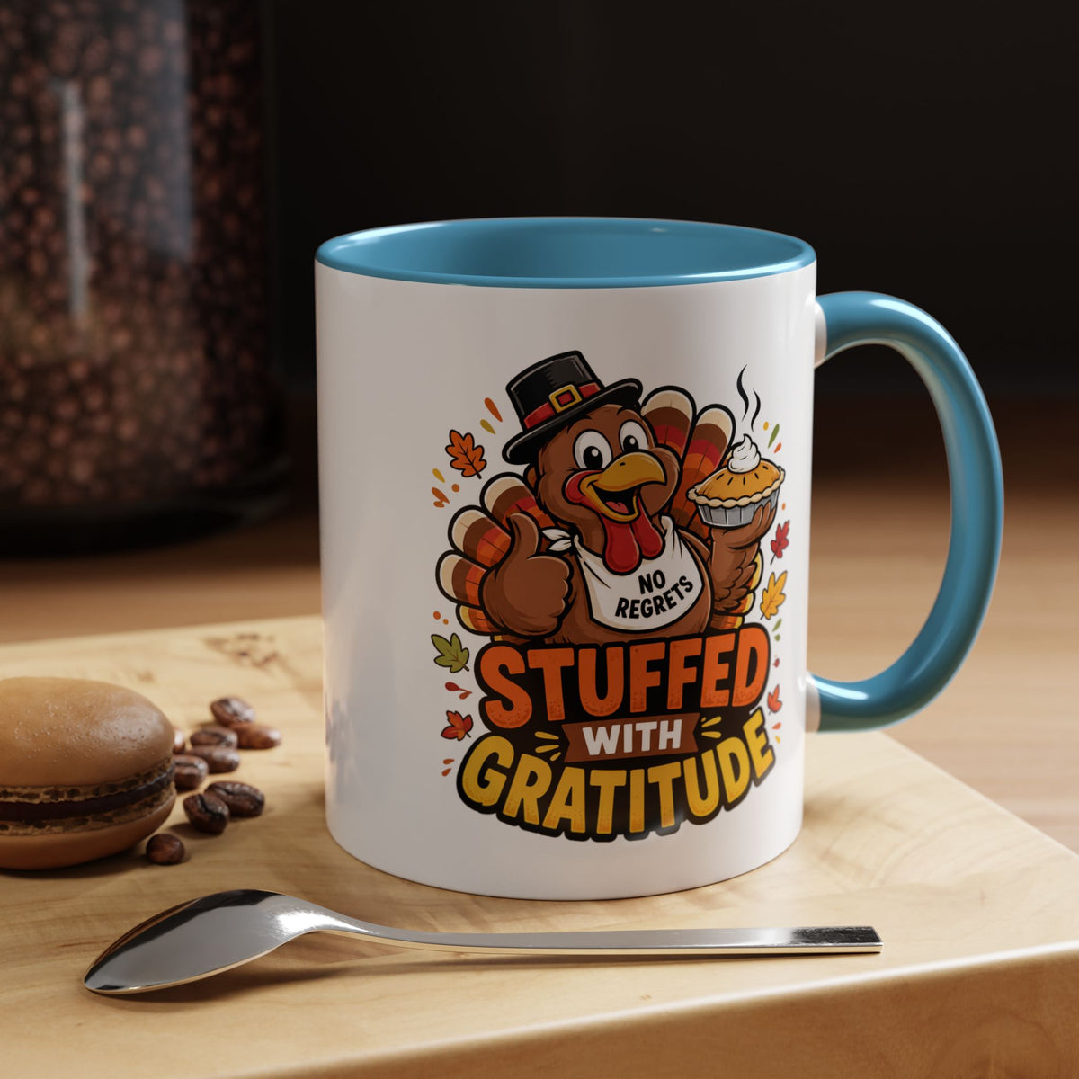 Stuffed With Gratitude Mug, Funny Thanksgiving Turkey Coffee Cup, Friendsgiving Hostess Gift, Cute Fall Drinkware for Food Lovers