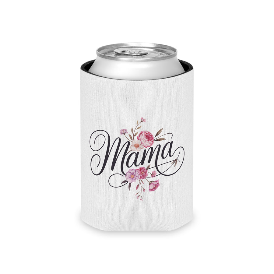 A white can cooler on a drink can, printed with "Mama" in black script with pink and purple flowers woven through the lettering.