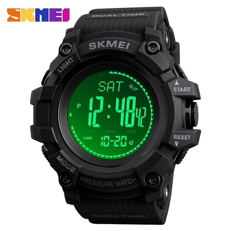 SKMEI black digital watch with green backlit LCD display and rugged black band