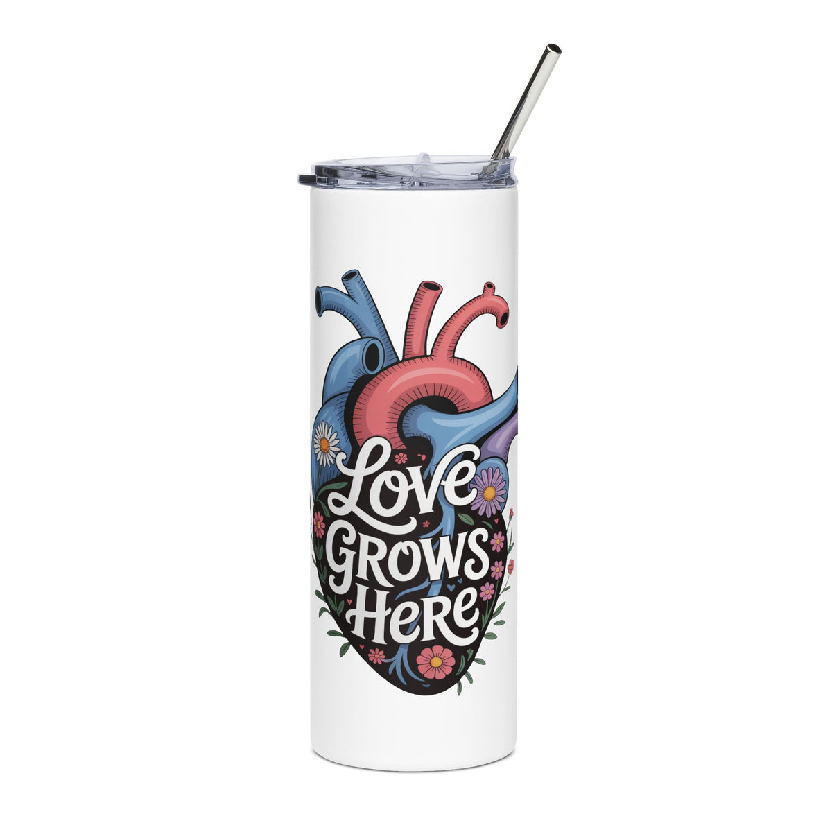 Love Grows Here Skinny Tumbler, Floral Anatomical Heart Cup, Stainless Steel Travel Mug, Encouraging Gift for Her, Mental Health Gift