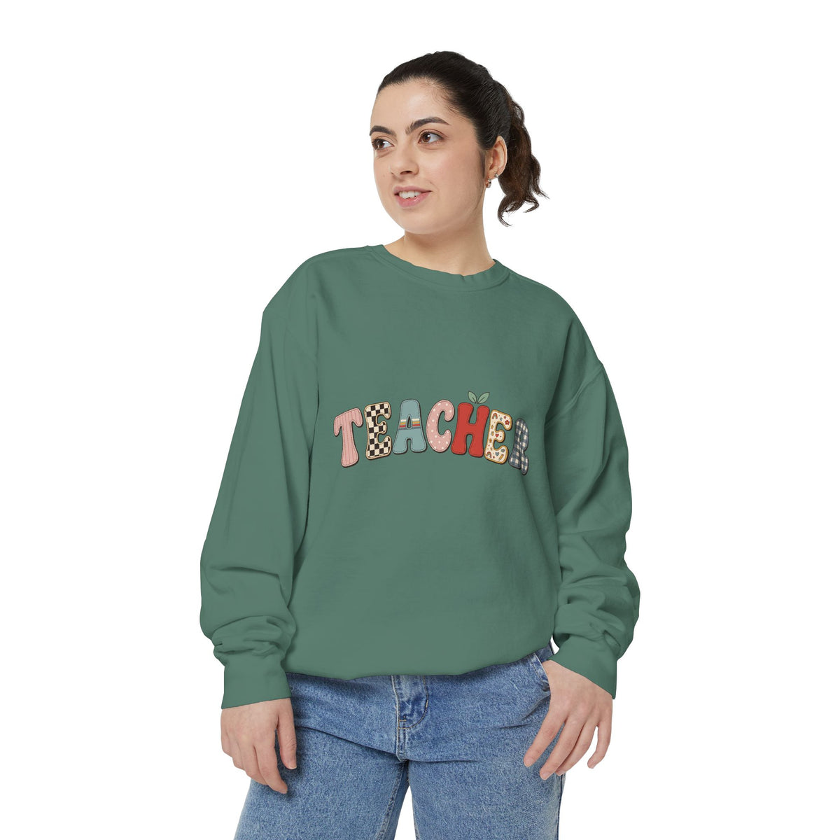 Teacher Sweatshirt, Patchwork Letter Crewneck, Cute Educator Appreciation Gift, Back to School Outfit, Retro Classroom Shirt for Staff
