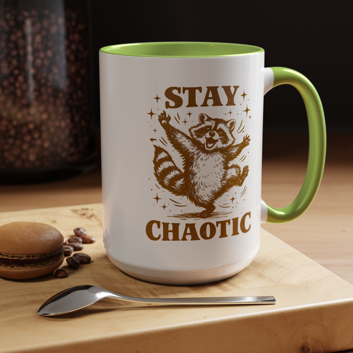 Stay Chaotic Raccoon Coffee Mug, Funny Trash Panda Gift for Friends, Sarcastic Animal Meme Ceramic Tea Cup with Pink Handle