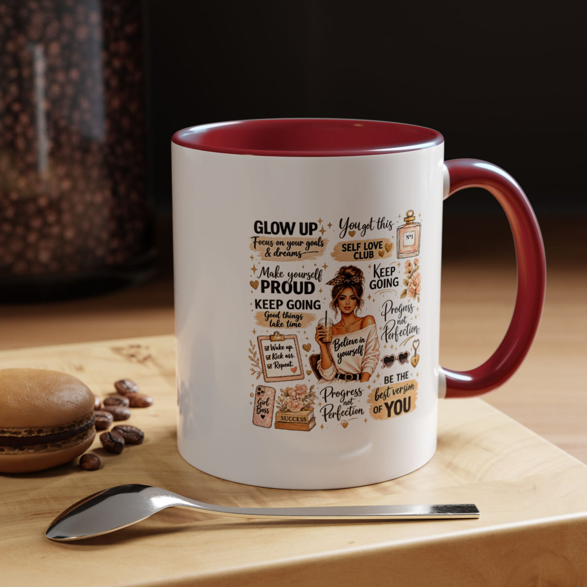 Glow Up Affirmations Coffee Mug, Girl Boss Self Care Gift for Her, Cute Messy Bun Aesthetic Motivational Ceramic Tea Cup with Pink Handle