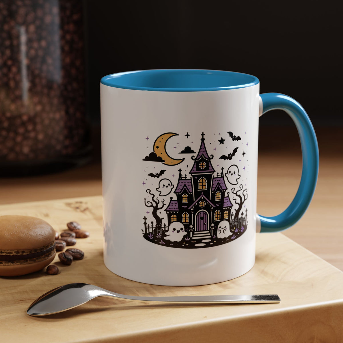 Cute Haunted House Mug, Kawaii Ghost Halloween Coffee Cup, Spooky Season Gift for Her, Purple Witchy Decor, Cozy Fall Birthday Present