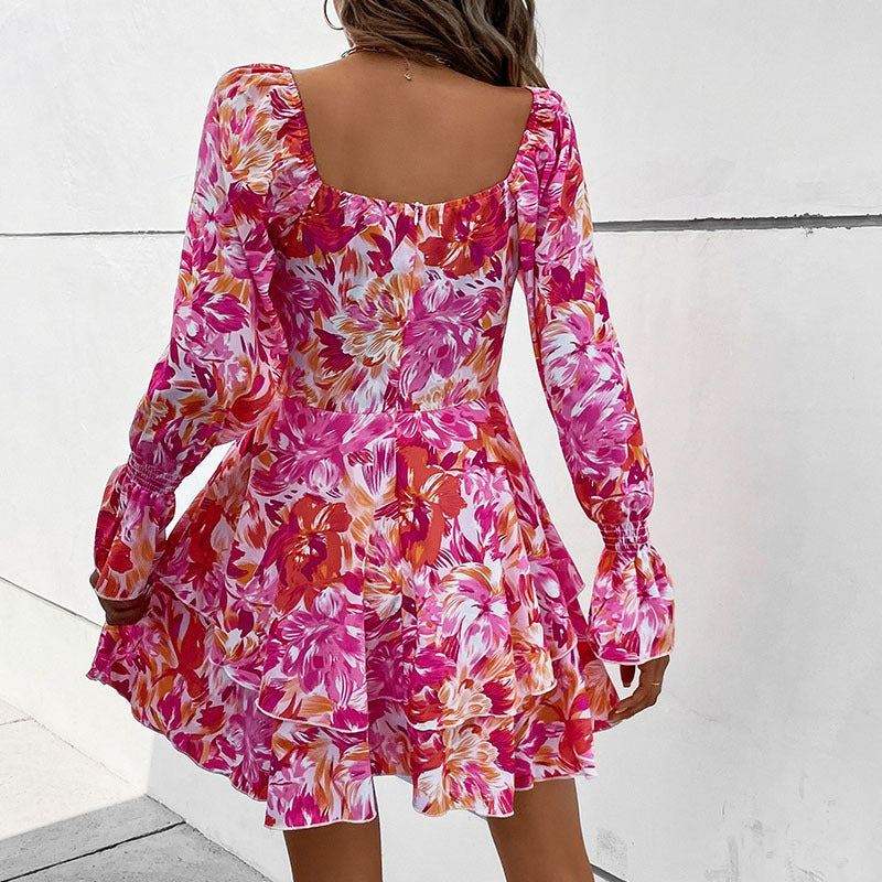 New Fashion European and American Womens Square Neck Printed Ruffle Sleeve Slim Fit Dress