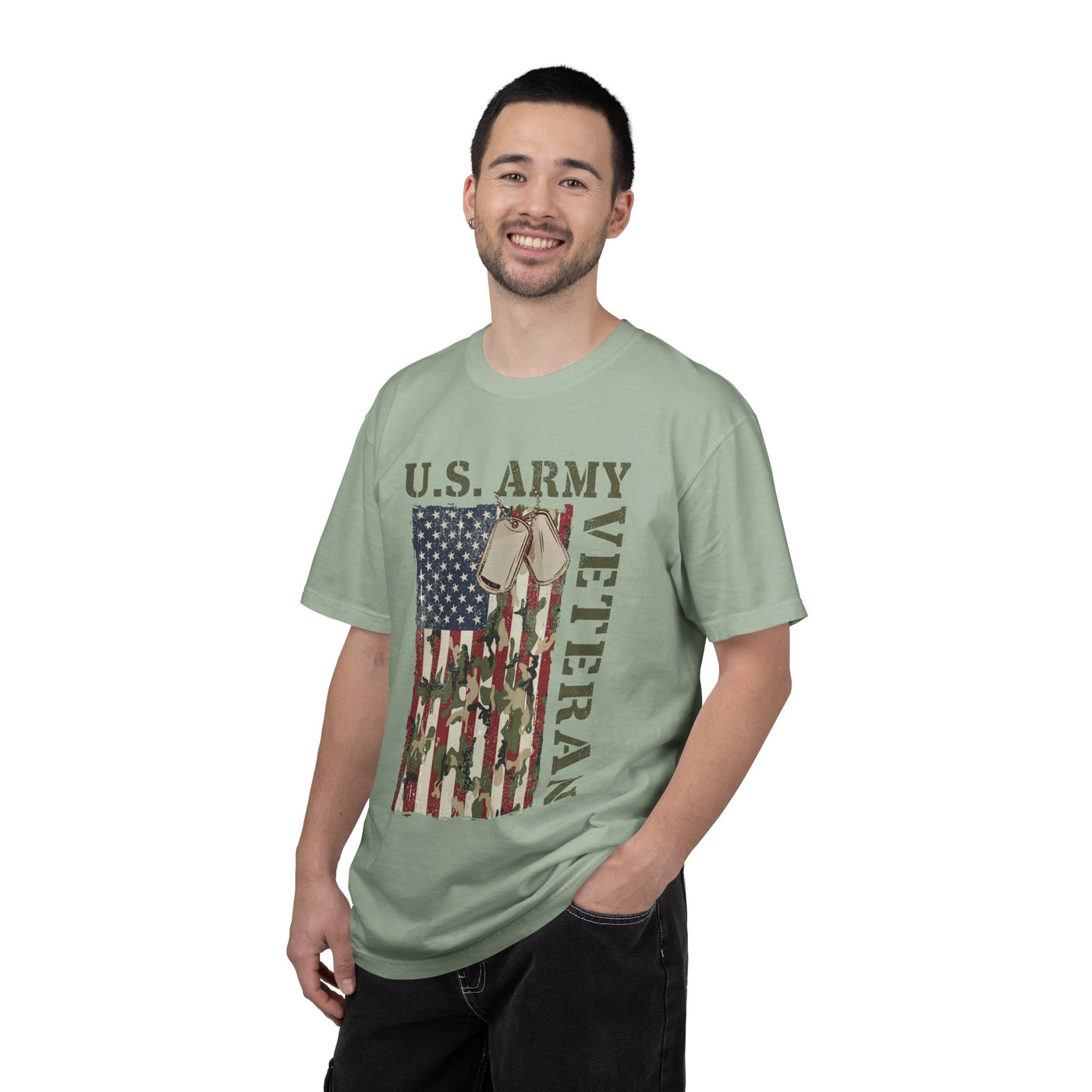 US Army Veteran Shirt, American Flag Camo T-Shirt, Military Dog Tag Tee, Patriotic Gift for Soldier, Retirement or Veterans Day Top