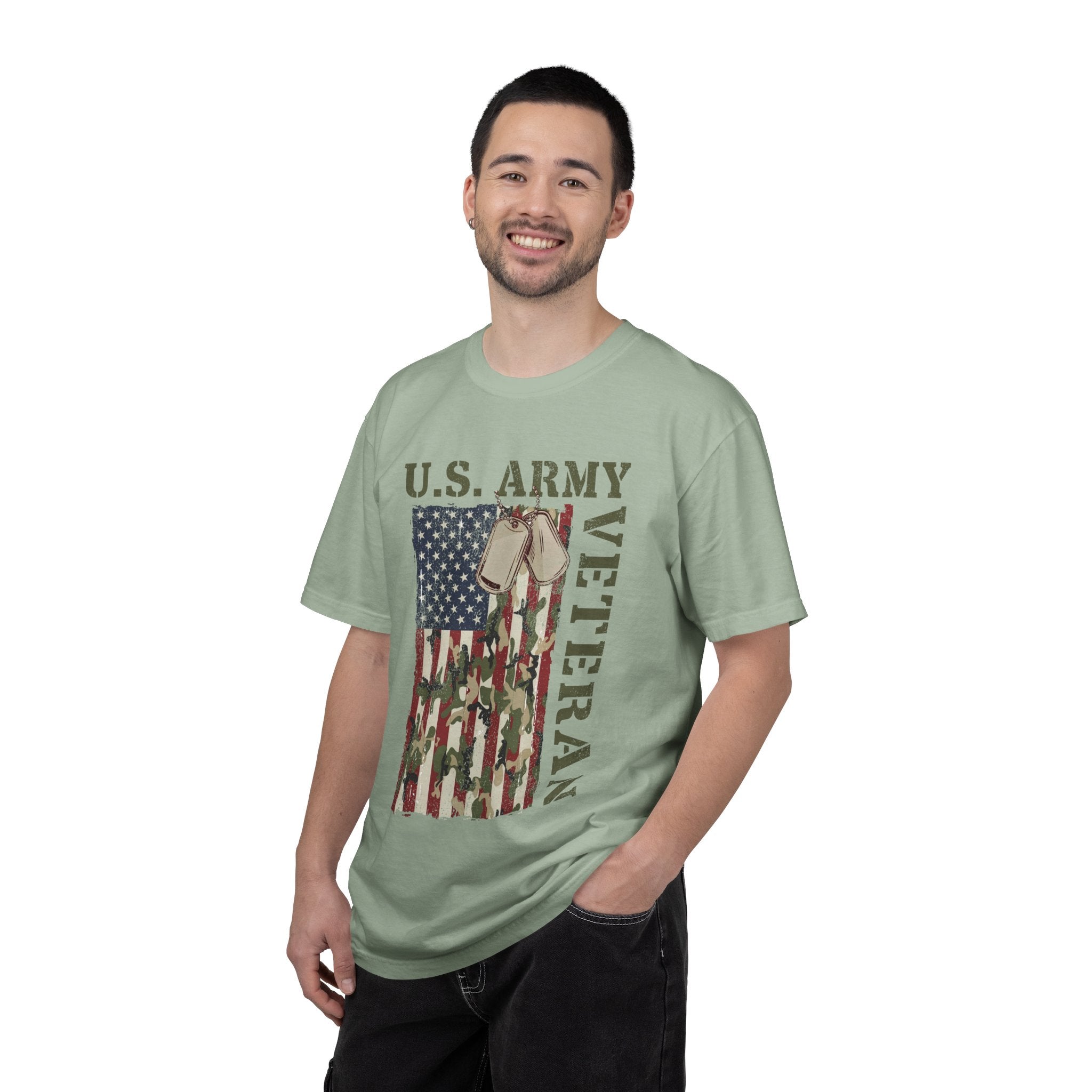 US Army Veteran Shirt, American Flag Camo T-Shirt, Military Dog Tag Tee, Patriotic Gift for Soldier, Retirement or Veterans Day Top