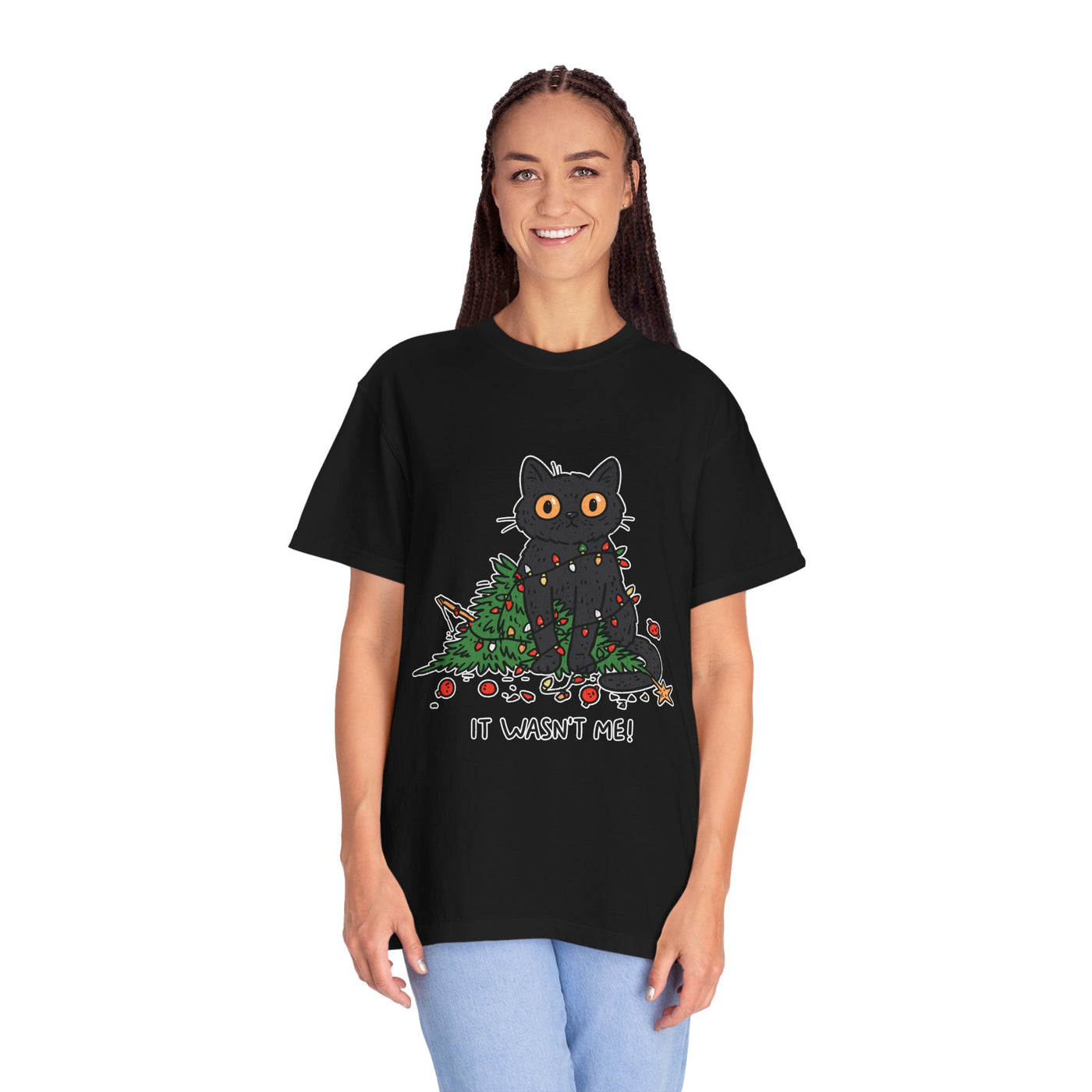 It Wasn't Me Black Cat Christmas Shirt, Funny Holiday T-Shirt, Mischievous Kitty Lights Tee, Gift for Cat Mom, Cat Dad, Christmas Party Top