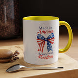 Made in America Blessed with Freedom Mug, Patriotic American Flag Bow Coffee Mug, USA Pride Gift for Women, Fourth of July Cup