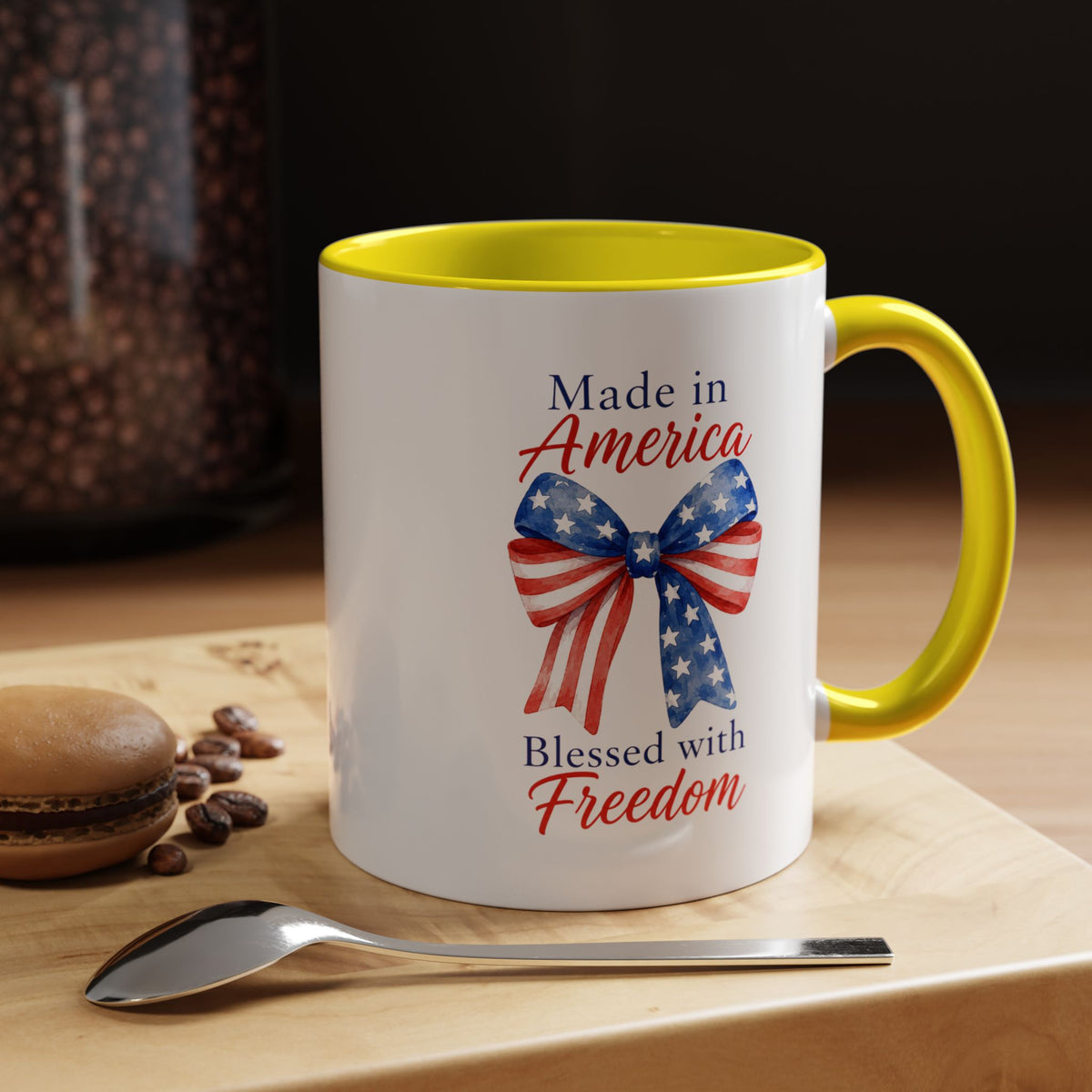 Made in America Blessed with Freedom Mug, Patriotic American Flag Bow Coffee Mug, USA Pride Gift for Women, Fourth of July Cup