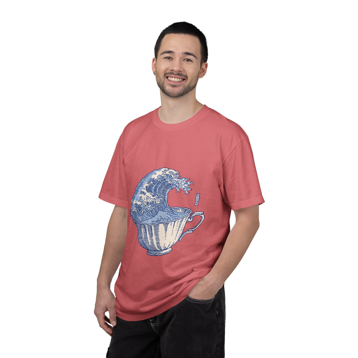 Great Wave Teacup Shirt, Japanese Art Inspired Ocean Graphic, Gift for Tea Lovers and Coastal Art Fans, Casual Cafe Weekend Outfit