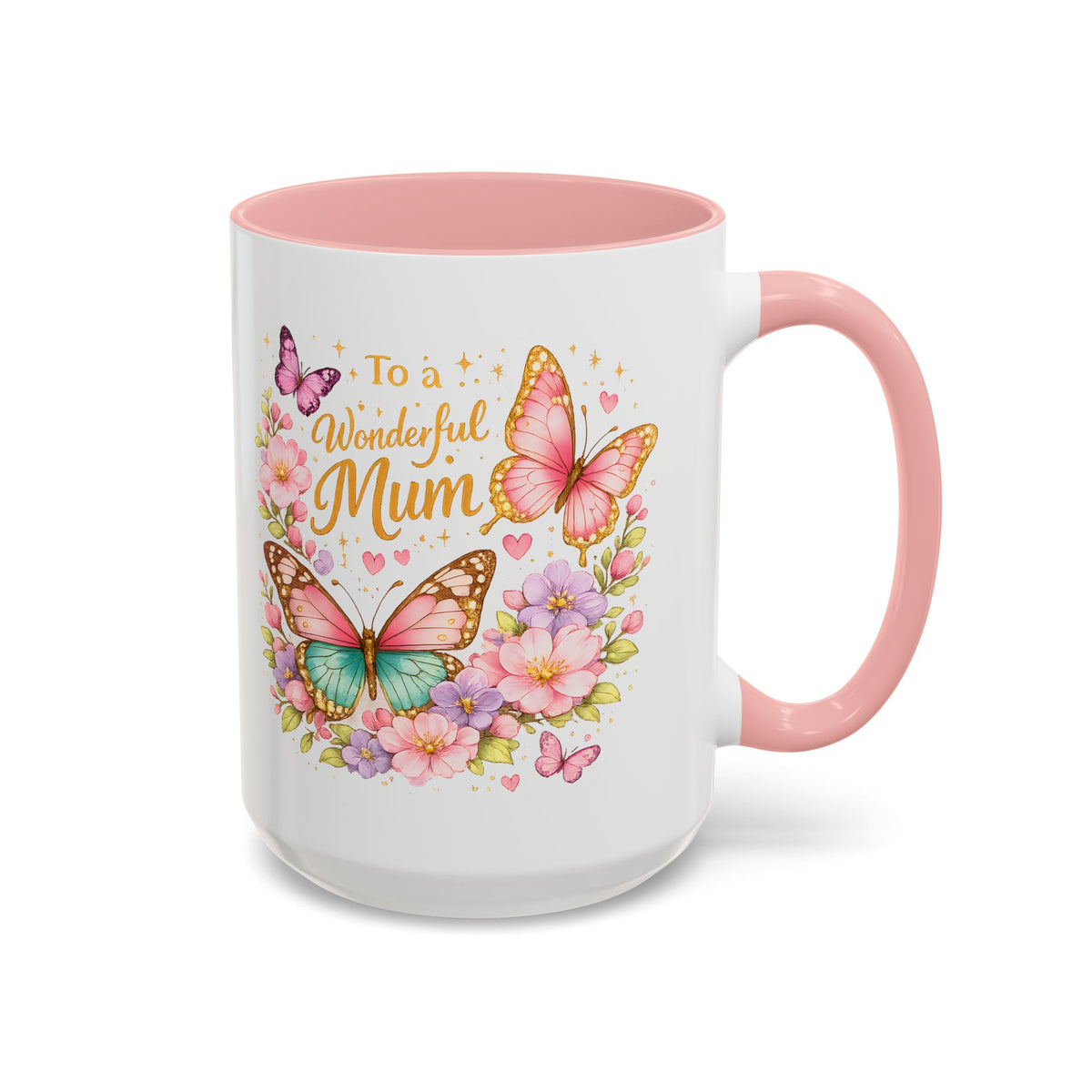 To a Wonderful Mum Coffee Mug, Cute Butterfly Birthday Gift for Mother, Floral Pastel Watercolor Ceramic Tea Cup with Pink Handle, Mum Gift
