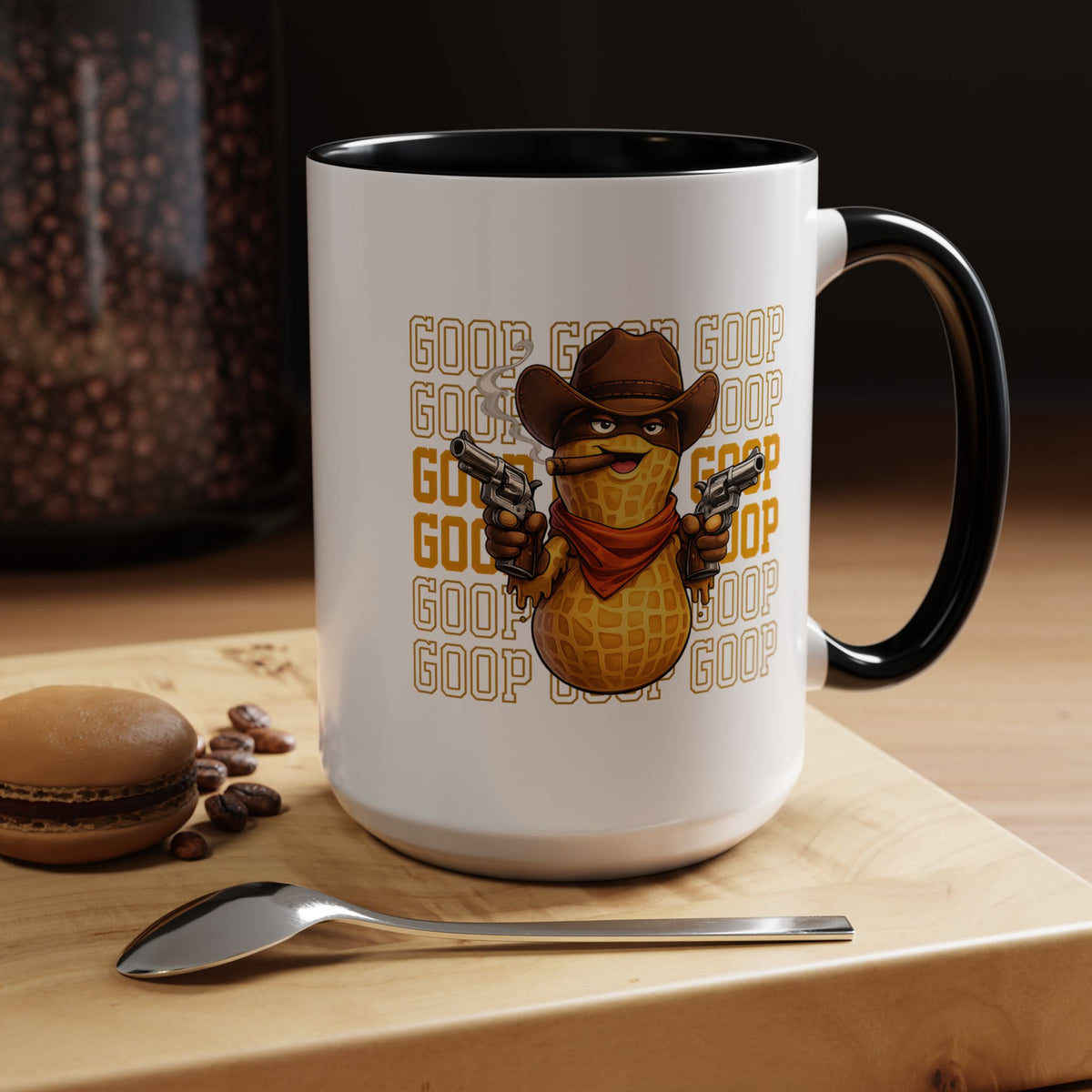 Good Repeating Slogan Cowboy Peanut Mug, Funny Western Office Joke Gift for Coworkers, Sarcastic Outlaw Ceramic Tea Cup with Dark Blue Handle