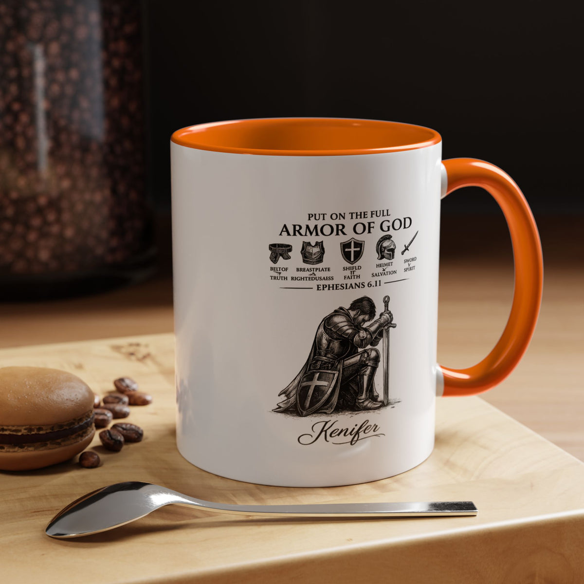 Full Armor of God Coffee Mug with Name, Personalized Christian Knight Gift for Men, Inspirational Scripture Ceramic Tea Cup, Religious Faith Present