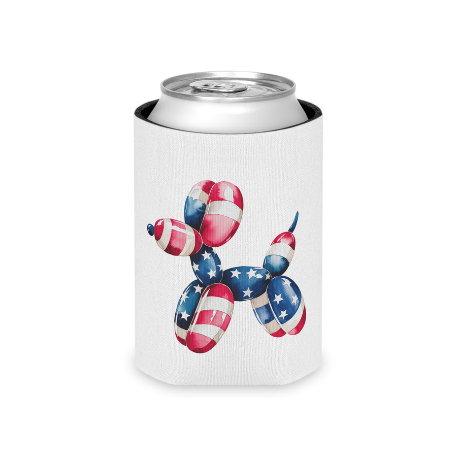 Patriotic Balloon Dog Can Cooler, 4th of July Beer Holder, American Flag Drink Sleeve, Red White Blue Party Favor, Dog Lover Gift