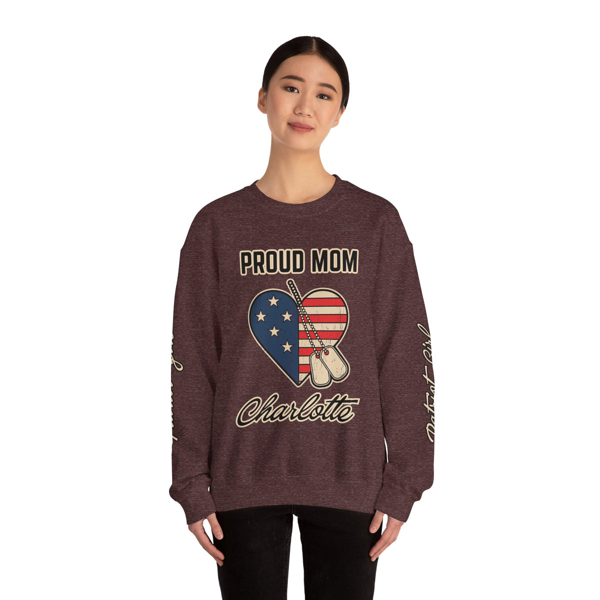 Personalized Proud Mom Sweatshirt, Custom Military Mom Pullover, American Flag Heart Crewneck, Military Mom Gift, Patriotic Mother Shirt