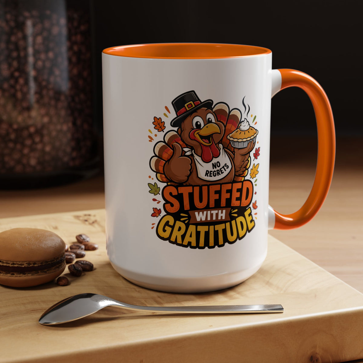 Stuffed With Gratitude Mug, Funny Thanksgiving Turkey Coffee Cup, Friendsgiving Hostess Gift, Cute Fall Drinkware for Food Lovers